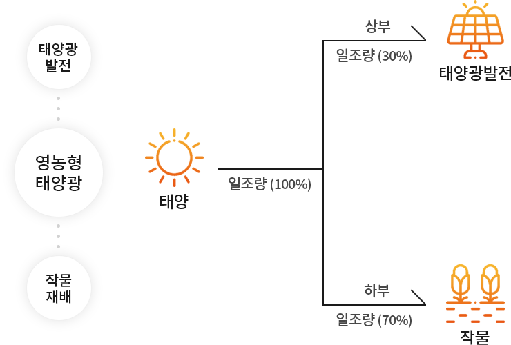 태양광발전에서 영농형 태양광, 영농형 태양광으로 작물재배, 태양(일조량 100%)에서 상부 태양광발전에서 일조량 30% 전달, 하부 작물재배에서 일조량 70% 전달됩니다.